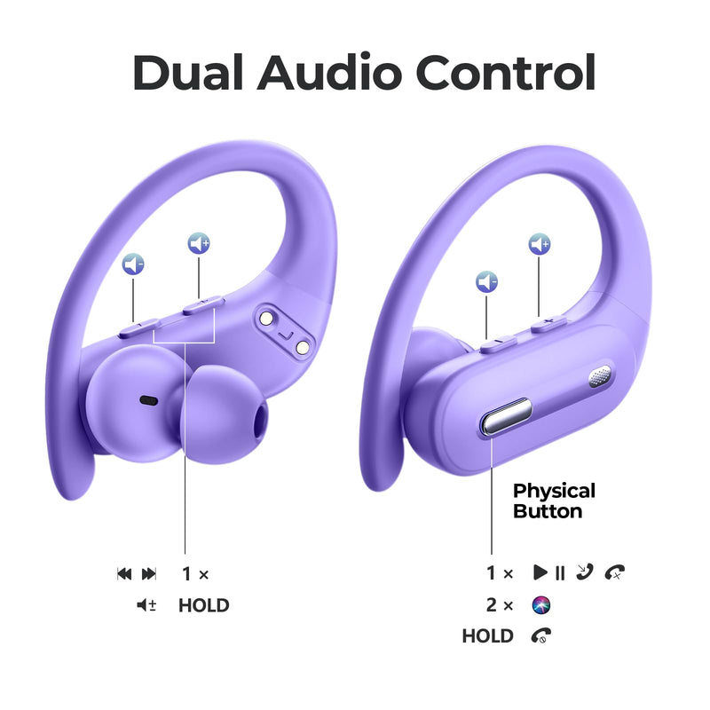 GNMN Active Noise Cancelling Ear Buds Wireless Earbuds 90Hrs Playtime Hi-Res Stereo Deep Bass Power Display Earphones with Earhooks Waterproof Transparency Headset for Sports/Gym Light Purple