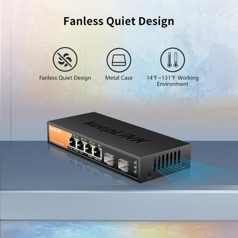 6-Port 2.5G Switch Unmanaged, 4 x 2.5GBASE-T Ports & 2 x 10GBASE-T SFP Slots, 60Gbps Switching Capacity, Plug & Play/Wall Mountable/Fanless Metal, Compatible with 1000Mbps Devices 6 Port 2.5G Unmanaged