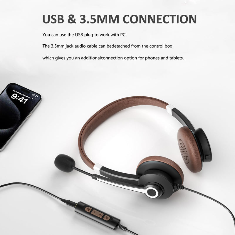 [AUSTRALIA] - Arama USB Headset with Microphone Noise Cancelling & in-line Call Controls, Ultra Comfort 3.5mm Wired Headset for Cell Phone, Computer Headset with Mute for PC Laptop Skype Webinar Home Office Brown 