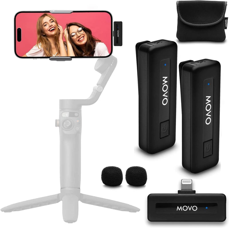 Movo Wireless Mini DI Duo iPhone Microphone for Video Recording - Wireless Microphone for iPhone with Clip on Lavalier Microphone for iPhone 10 HR Battery 164FT Range, Wireless Mic for iPhone, Black 2 Transmitters