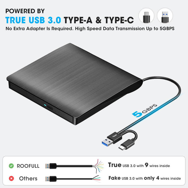 ROOFULL External CD DVD Drive for Windows 11/10/7 Laptop PC, USB 3.0 & USB-C CD DVD ROM Reader Writer +/-RW Disc Drive Burner Player Compatible for Windows OS Laptop Desktop Computer