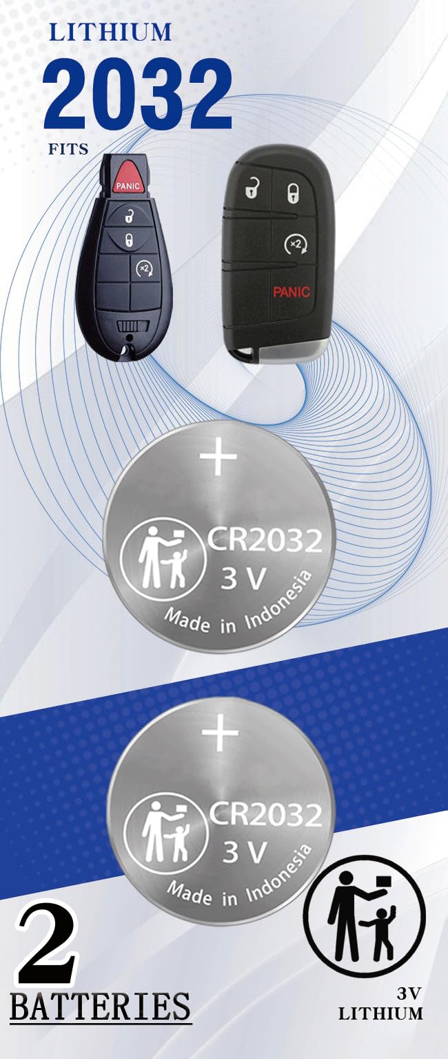 (2 Pack CR2032 Key fob Battery Replacement for Jeep Dodge Chrysler Key fob Prox fits 2008-2022 Case Shell 300 Challenger Dart Durango Grand Caravan Journey RAM Cherokee Routan Town