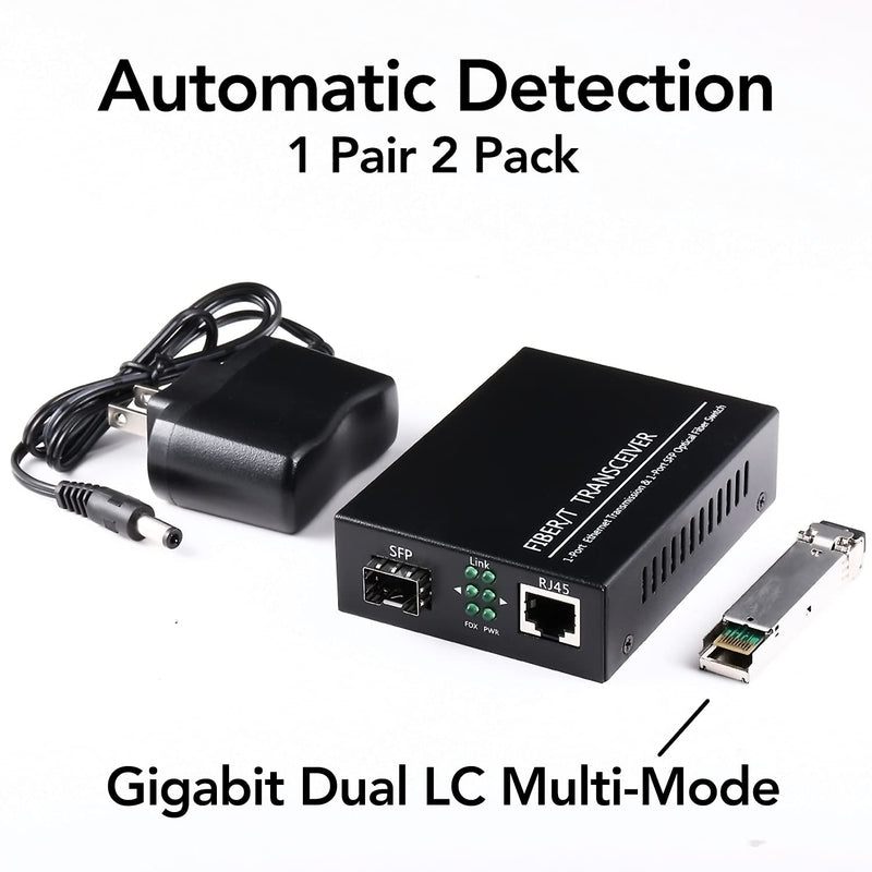 A Pair of 1.25G/s Bidi Gigabit Multi-Mode Fiber Ethernet Media Converter with 2PCS Bidi SFP LC Dual Transceiver Module Included, 10/100/1000Base-Tx to 1000Base-SX SMF RJ45 to SFP Slot up to 550M Include MultiMode LC Dual Port