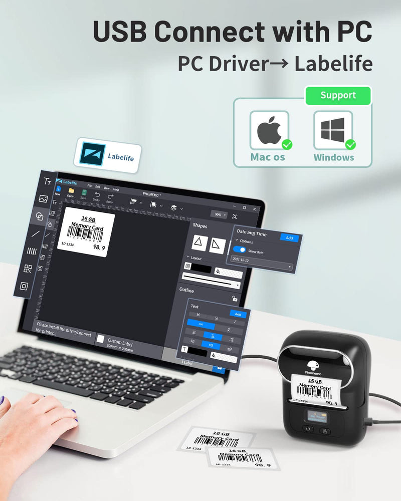 Phomemo M110 Label Makers - Barcode Label Printer Bluetooth Portable Thermal Printer for Small Business, Address, Logo, Clothing, Mailing, Sticker Printer for Phones & PC, Black 1 Printer + 1 Roll Label