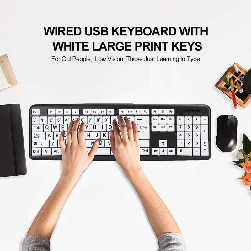 Zopsc-1 Wired USB Wired Keyboard USB Keyboard Low Vision Keyboard Black Computer Keyboard with White Large Print Keys(Black)