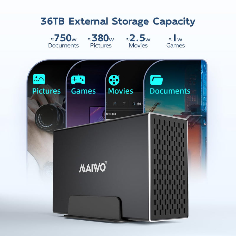 MAIWO Dual Bay HDD RAID Enclosure for 3.5 inch SATA Hard Disk Drive, 5Gbps USB 3.0 to SATA Drive Adapter, Up to 36TB Capacity, 2 Bay Aluminum Storage Case