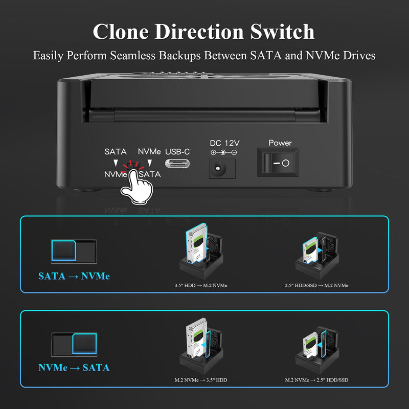 M.2 NVMe & SATA HDD Docking Station, Offline Cloning, Cooling Fan | 10Gbps USB3.2 Gen2 SSD Cloner for M.2 NVMe SSD + SATA 2.5”/3.5” HDD Converter, Tool-Free Black 2 Bay