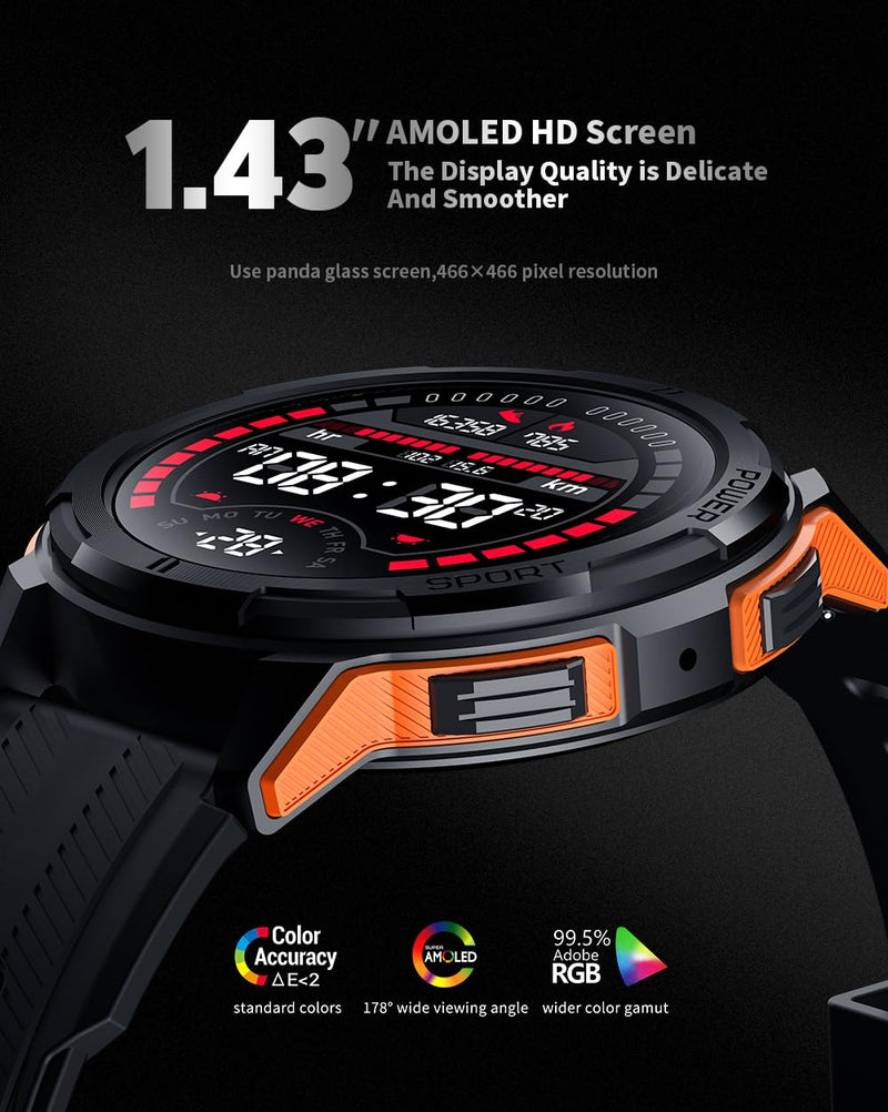 Gravity C25 1.43" AMOLED Smartwatch with Always-On Display, Bluetooth Call, AI Voice, 100+ Sports Modes, Heart Rate & Sleep Monitor, 1 ATM Waterproof, Fitness Tracker for iOS & Android (Orange)