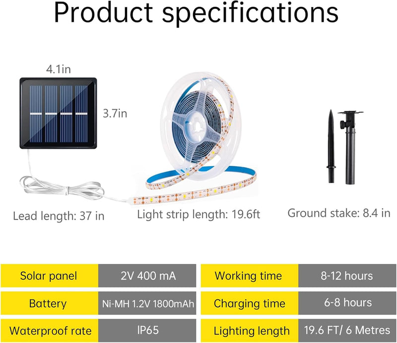 [AUSTRALIA] - Solar LED Strip Lights Outdoor Waterproof 19.6FT 180 LED Solar Powered Rope Light Cuttable 8 Modes for Outside, Garden, Patio, Deck, Fence, Pathway, Stair, Poolside, 6000K White 2 Pack White19.7ft 