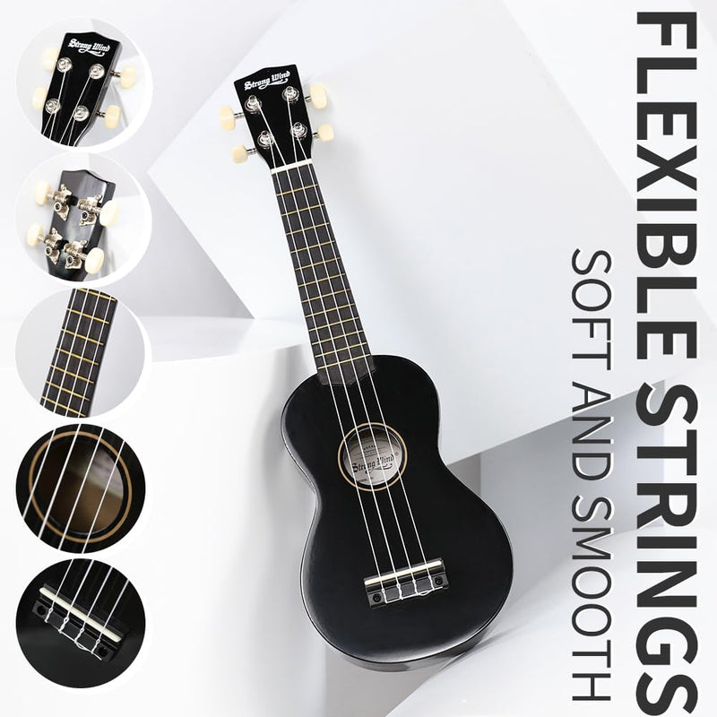 Strong Wind Soprano Ukulele - Stringed Musical Instrument Ukulele for Beginners Adults, 21 Inch Basswood Ukelele (Black) Black