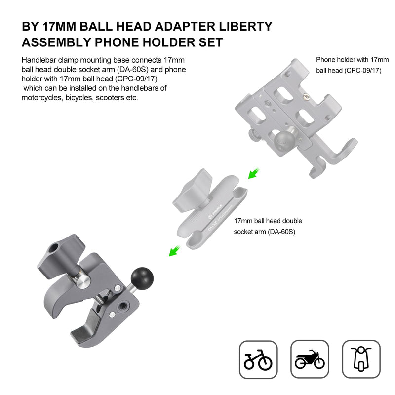 FANAUE Aluminum Handlebar Base Mount Strong Rod Clamp with 17mm Ball Head Adapter for Rails 0.5'' to 2'' Diameter Compatible with Garmin GPS Mounts & Bike Motorcycle Phone Holder with 17mm Ball Socket