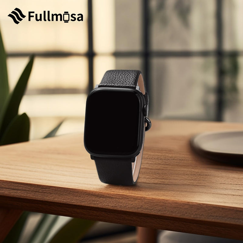 Fullmosa Compatible Stainless Steel Apple Watch Band 41mm/40mm/38mm Blue with Case & Compatible Leather Apple Watch Band 41mm/40mm/38mm,Black