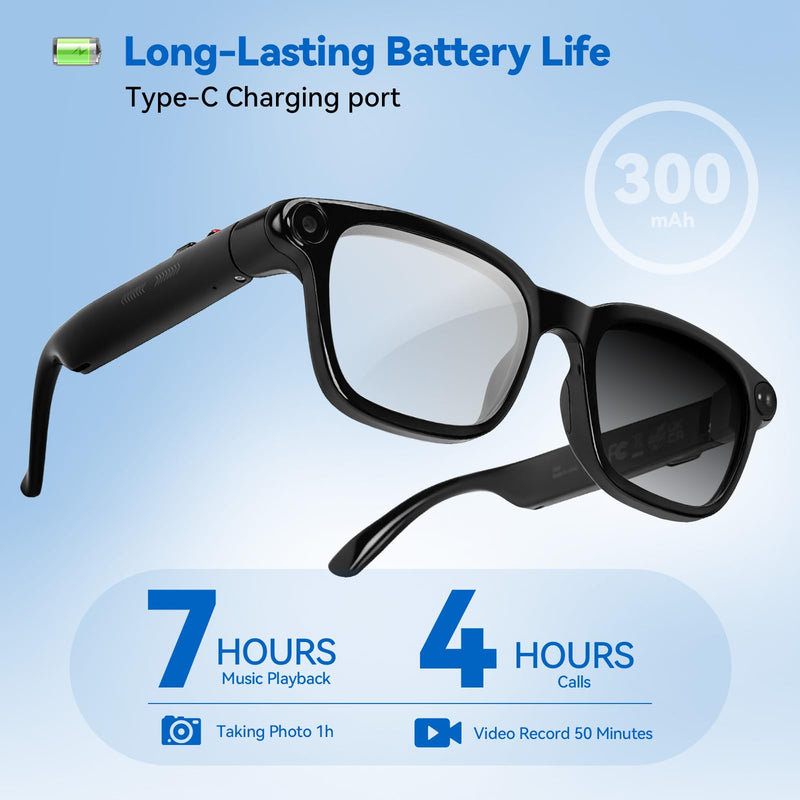 AI Smart Glasses with 8MP Camera, 4K Video Recording and Photo, Bluetooth 5.4 Audio Calls & Music, AI Voice Assistan, AI Recording, Real Time Translation - for Life, Work and Vlog Black Standard