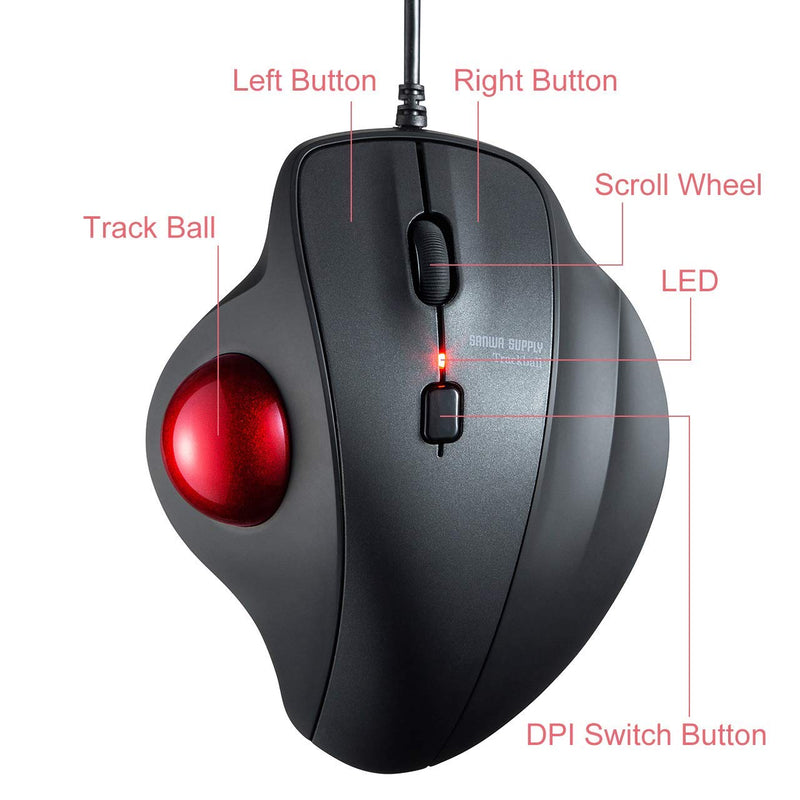 SANWA Wired Ergonomic Trackball Mouse, Optical Vertical Rollerball Mice, Silent Buttons, 34mm Trackball, 600/800/1200/1600 Adjustable DPI, Compatible with MacBook, Laptop, Computer, Windows, macOS