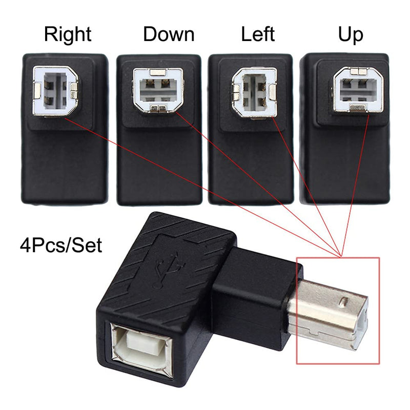 Xiwai 4Pcs USB 2.0 B Type Male to Female Extension Adapter Horizontal Vertical Angled 90 Degree for Disk Scanner