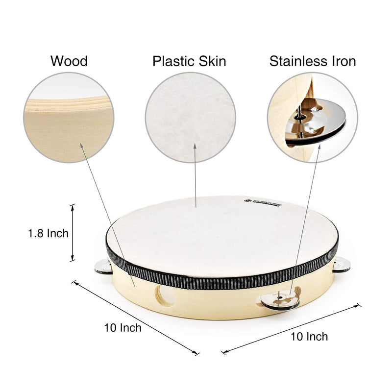 [AUSTRALIA] - MUSICUBE 10-Inch Headed Tambourine for Adults Kids Single Row Wooden Headed Tambourine with Stainless Iron Jingles Educational Hand-Held Percussion Instrument Toys for Home School Party Supplies 10"tambourines 