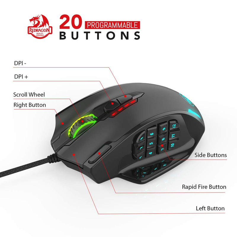 Redragon M908 Impact RGB LED MMO Mouse with Side Buttons Optical Wired Gaming Mouse with 12,400DPI, High Precision, 20 Programmable Mouse Buttons Black Wired