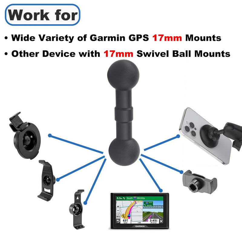 17mm to 17mm Double Ball Extender Bar Mount for GPS Cell Phone Action Camera on Motocycle Vehicles, Corrugated Ball Anti-Slip Design, 58mm Long