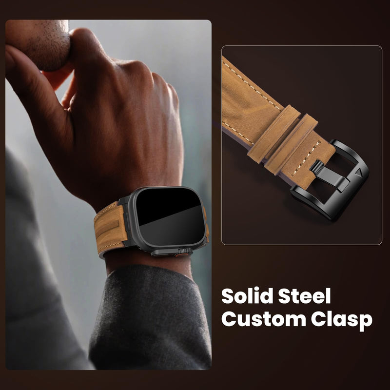 Top Grain Genuine Leather Compatible with Apple Watch Ultra Band 49mm 46mm 45mm 44mm 42mm, Rugged Metal Connector Band Strap for for Women Men iWatch Ultra 2/1 Series 10 9 8 7 6 5 4 3 2 1