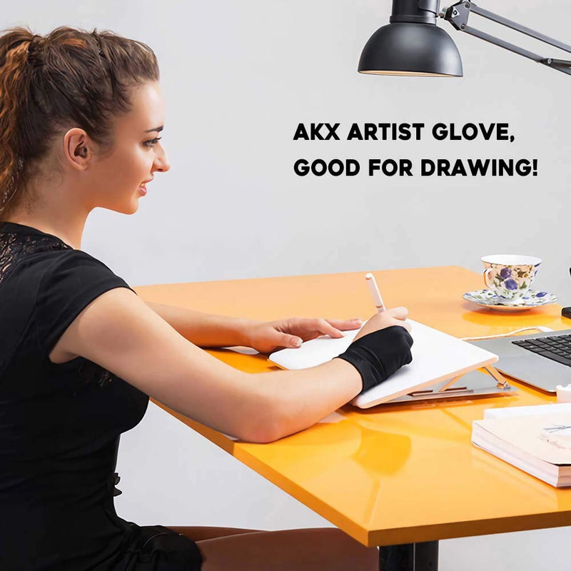 AKX Artist Glove Large - 2 Pack Palm Rejection Drawing Glove for Graphic Tablet, iPad - Smudge Guard, Reduce Friction, 2-Finger, Elastic Lycra, Good for Left and Right Hand, Black | AK-02 L 2 Finger, Black