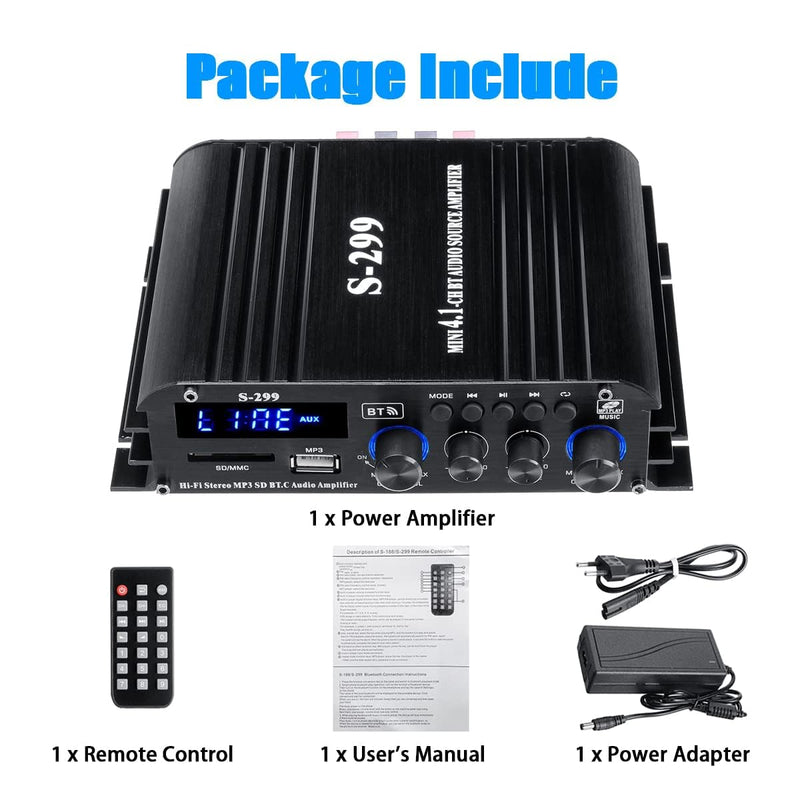 4.1 Channel Mini Audio Amplifier Receiver, Power Amplifier, Bluetooth 5.0 Amplifier, 50Wx4 + Active Subwoofer, Integrated Hi-Fi Loudspeaker Amplifier, Audio Reduction System for Car or Home 4.1 CH With Subwoofer (No FM)