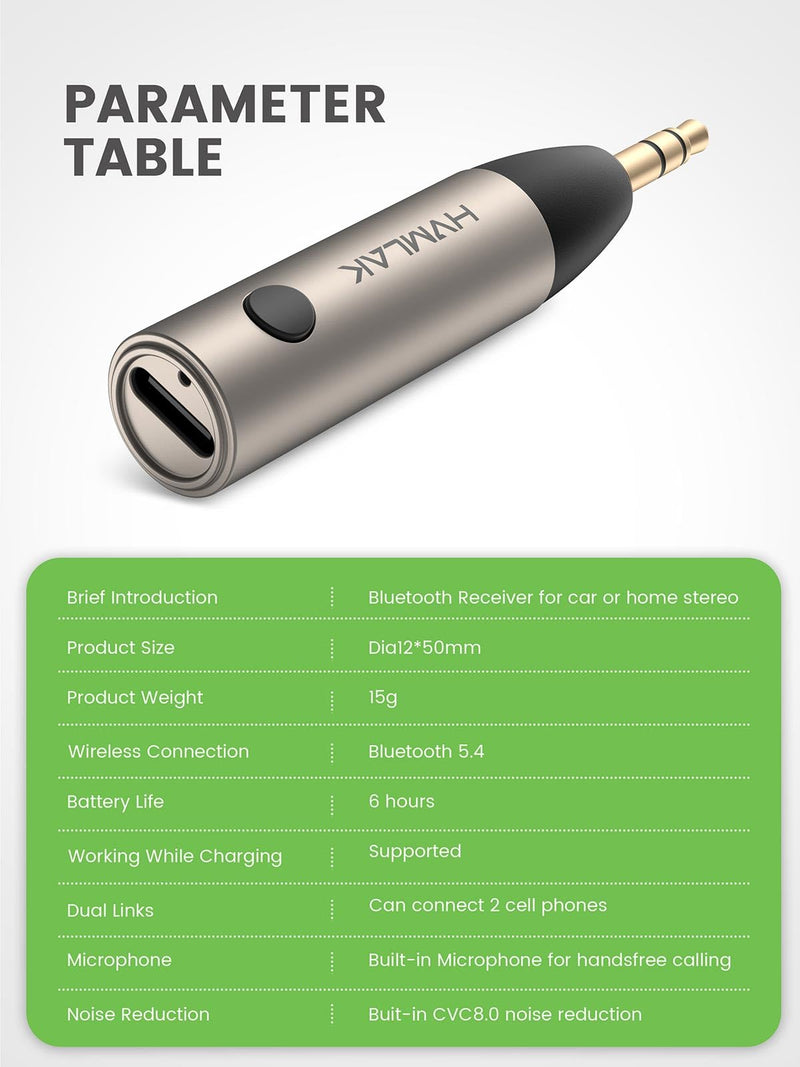 HVMLAK Aux Bluetooth 5.4 Adapter, Wireless Audio Receiver for Car Home Stereo Speaker, Music Streaming, Handsfree Calls, 6 Hours Playback, 1 Piece Silver