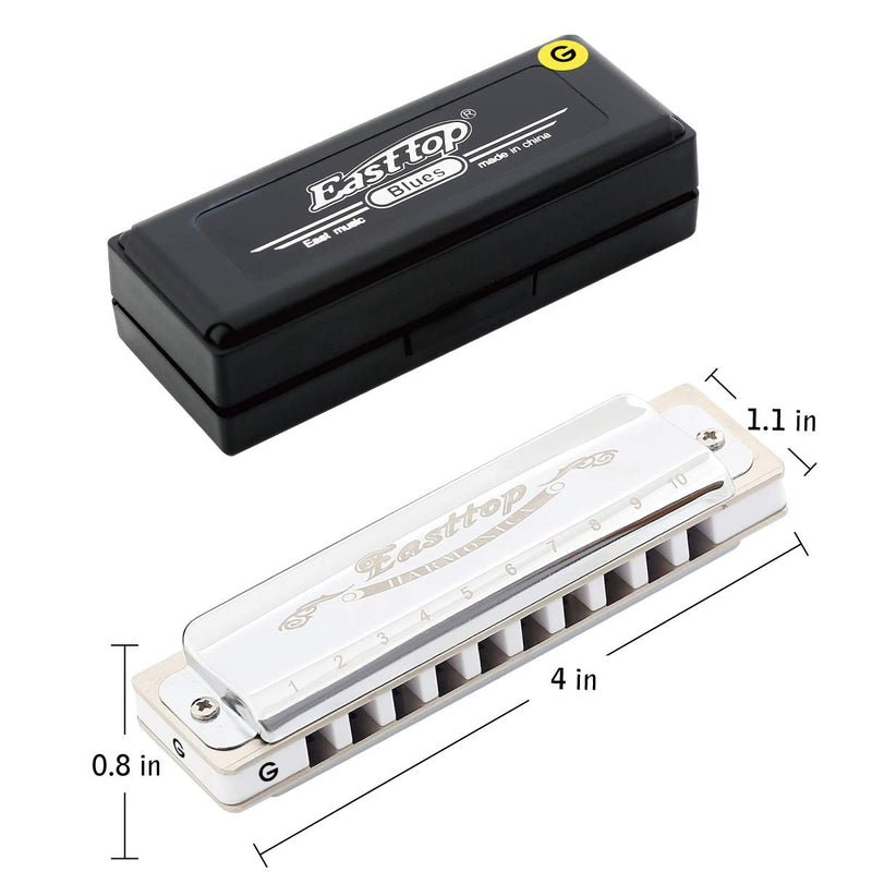 [AUSTRALIA] - East top Diatonic Blues Harmonica 10 Holes Key of G Professional Diatonic Blues Mouth Organ T008, Silver Harmonica For Adults, Professional Player and Students 
