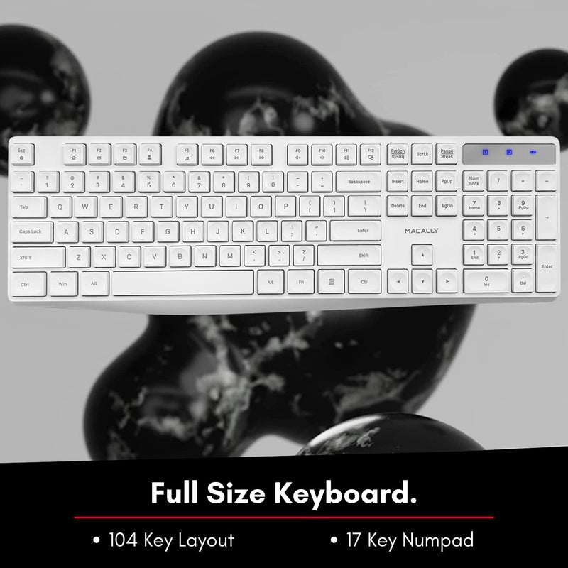 Macally 2.4G USB Wireless Keyboard for Laptop or Computer - Keep it Simple - Full Size Keyboard with Numeric Keypad & 13 Shortcut Keys - Plug and Play PC Keyboard Wireless - White Keyboard Cordless