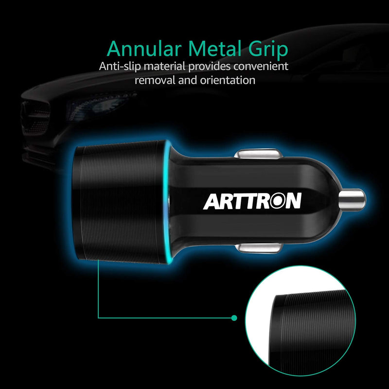 [AUSTRALIA] - 12V-24V Car Cigarette Lighter USB Charger,Arttron Dual Port 24W 4.8A Car Fast Charger Adapter(Premium Alloy Head) with 1X3Ft Type C 2 in 1 Fast Charging&Data-transfer Cable,for Samsung,iphone,Android. Black/grey 