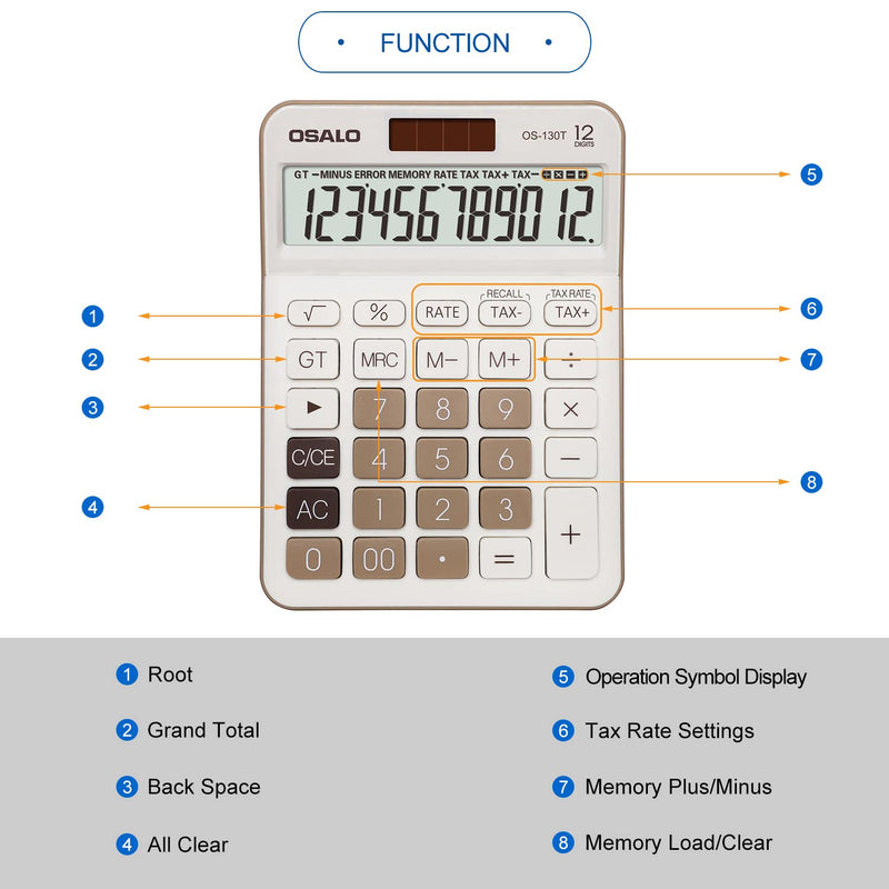 Pendancy 12 Digit Office Calculator Desktop with Tax+/- for Advanced Tax Calculation, Large LCD Display Big Buttons, Dual Power Durable Portable Design, for Financial Accounting Business Use 130T-Brown