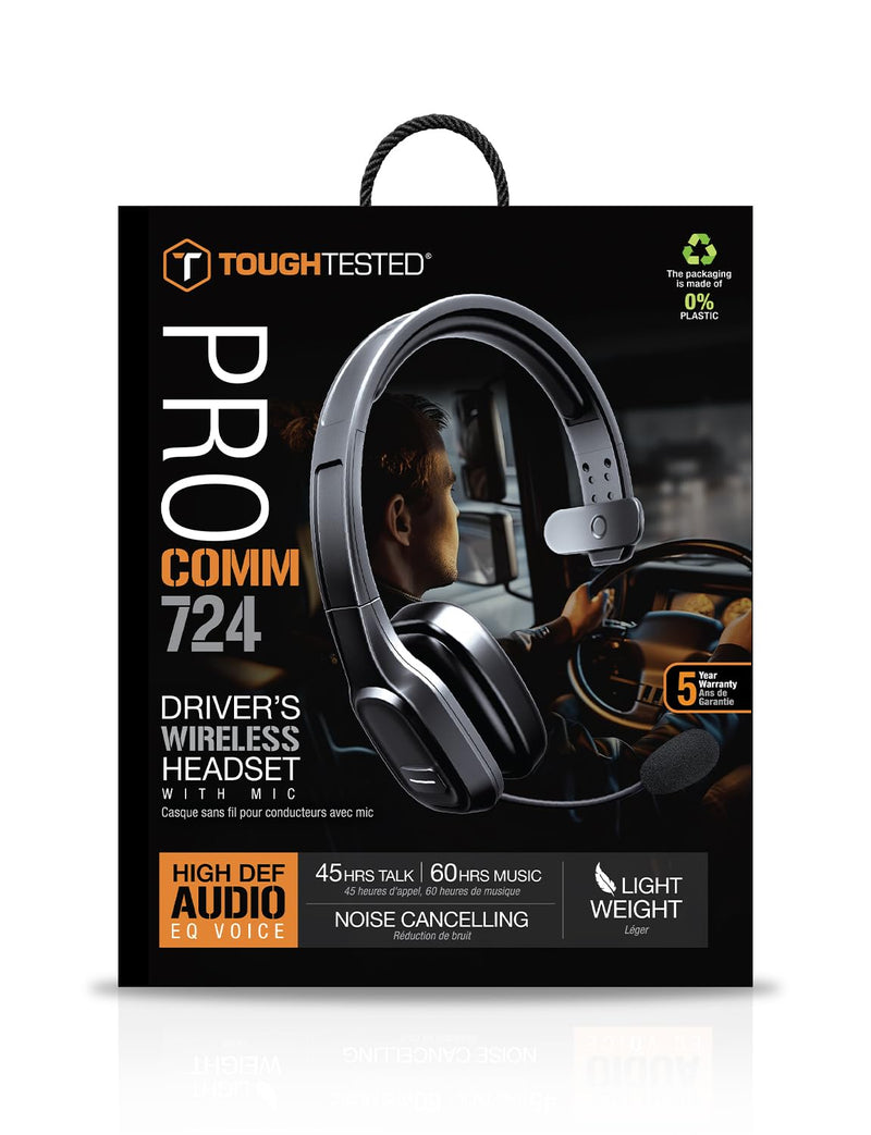 ToughTested PROCOMM 724 Trucker Headset with Noise Cancelling Mic | Wireless Bluetooth headset with 40Hr talk time, 60Hr music, HD sound, and dual device pairing for drivers.