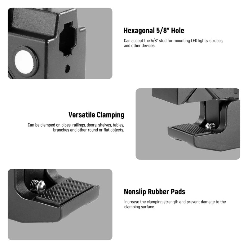 [AUSTRALIA] - NEEWER Super Clamp with 5/8" Stud, Spring Lock, 2.4"/6cm Jaw Grip Heavy Duty Crab Pole Clamp for Round Pipe Flat Surface, for Photography Studio Camera & Lighting Mounting, Max Load 33lb/15kg, UA017 UA017(1 Pack） 