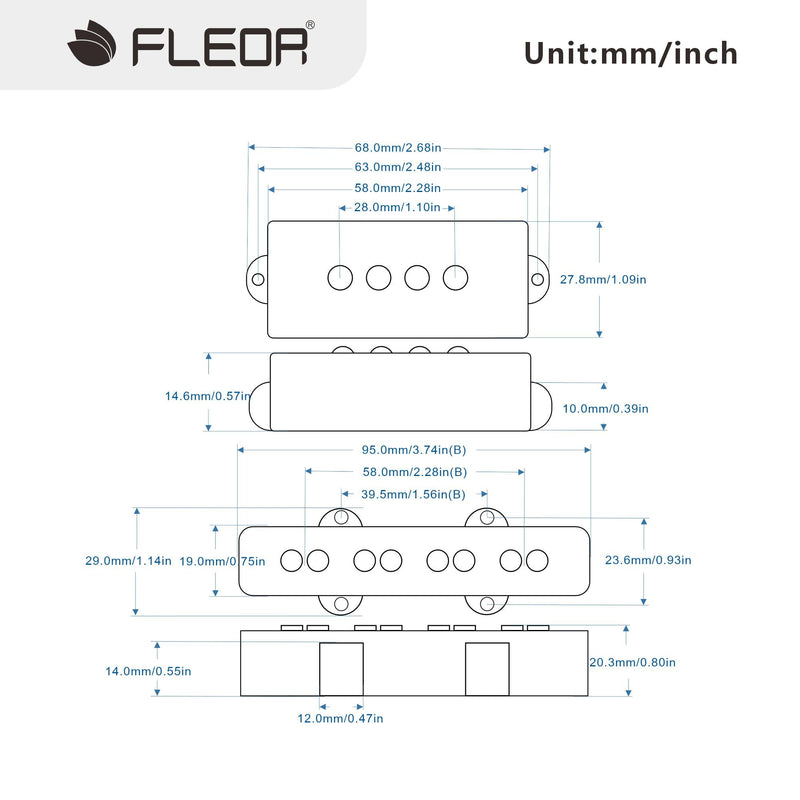 FLEOR Alnico 5 PJ Bass Pickups Neck Bridge Pickups Set for 4-String PB JB Bass Electric Bass PJ Pickups Set
