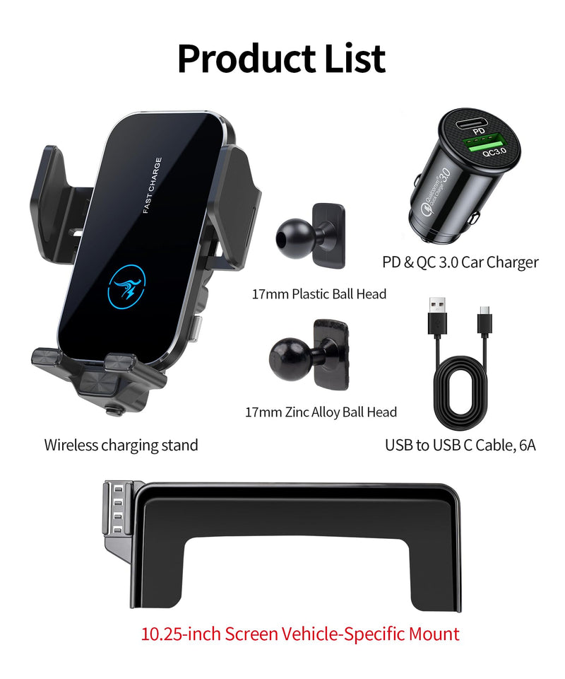 Wireless Charger Car Phone Mount for Mercedes Benz GLC/C-Class 10.25 Screen | GLC-Class 2020-2022/C-Class 2019-2021, Auto Clamp Cell Phone Mount Accessories 15W Qi Fast Charging Stand fit iPhone Android 10.25-inch for 20-22 GLC-Class / 19-21 C-Class