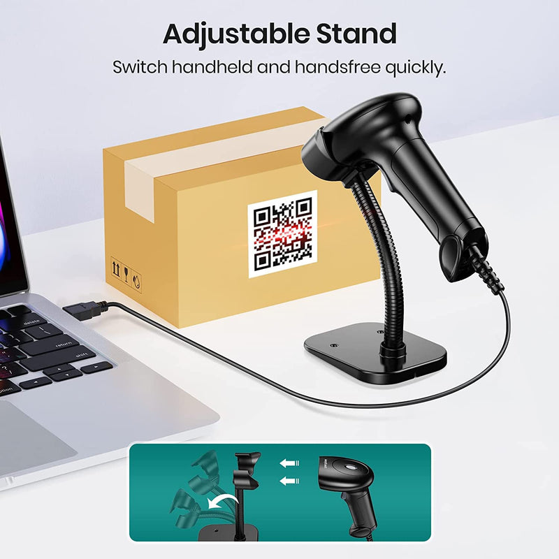 Barcode Scanner with Stand, USB Wired Inventory 2D 1D QR Code Scanners for Computer POS Support Automatic Screen Scanning, Handheld CMOS Image Bar Code Reader for Warehouse Library Supermarket
