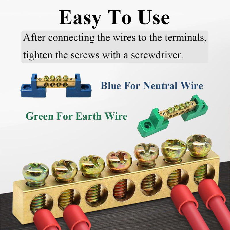 10 Positions Green, Clamp Ground Rail Screw Block: Barrier Brass, Electrical Distribution Bus Bar Block for Car, Boat, Marine, RV, Yacht, Ship Power Distribution 10 Positionen