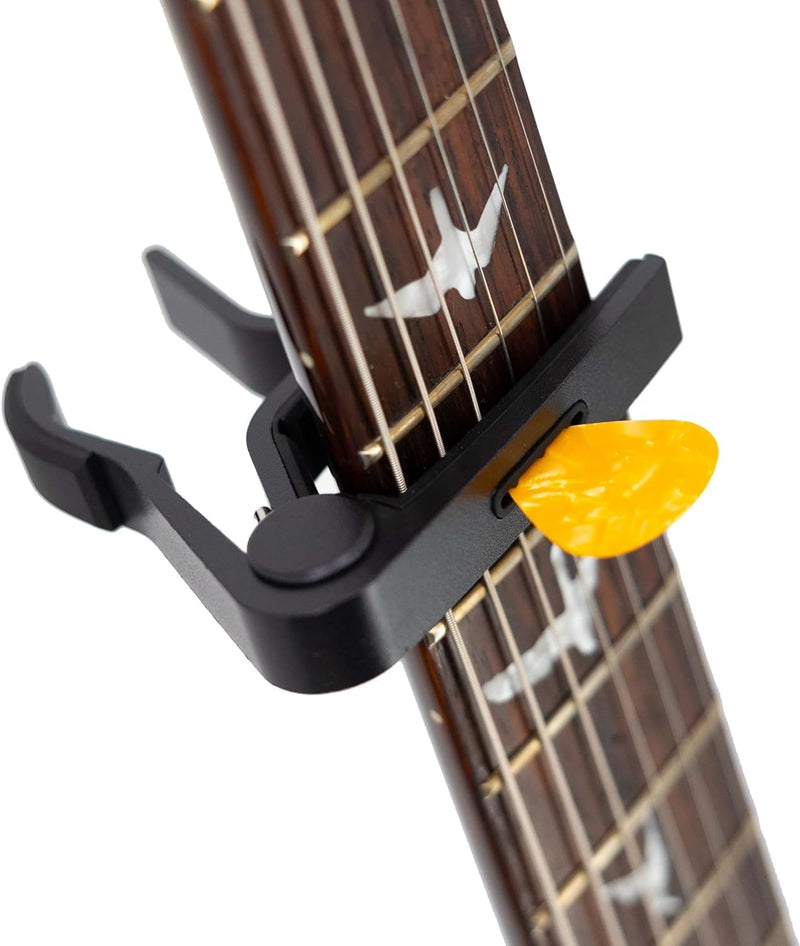 Professional Guitar Capo w/Built-In Pick Holder | Universal Compatibility for Acoustic, Electric & Bass | by AudioMonkey | Includes 6 Picks! (Matte Black)