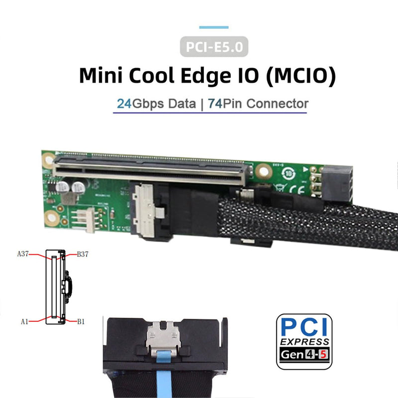 cablecc 2 Port 74Pin PCI-E 16X to PCI-E 5.0 MCIO 8i SFF-TA-1016 Adapter Mini Cool Edge IO Female PCI Expansion Card Adapter with 6Pin GPU Power Port for Expansion Graphics Dual MCIO-8X to PCI-E 16X Station