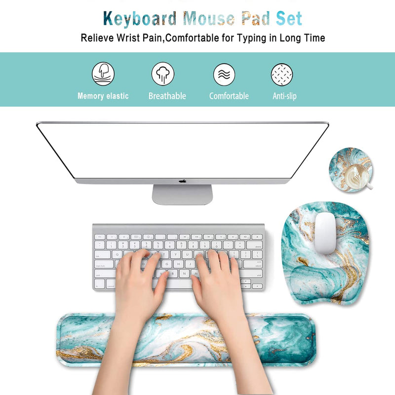 Keyboard Wrist Rest Mouse Pad Wrist Support for Computer/Laptop Memory Foam Keyboard Pad Ergonomic Hand Rest Wrist Cushion for Home Office Gaming - Green Marble