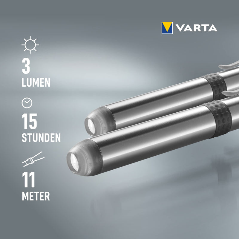 VARTA 2 x Diagnostic Light LED Double Pack Including 1x AAA Battery, Pen Light, Pupil Light, Extremely Slim and Lightweight Pen Torch, Torch, for Hospital, Doctor's Practice, Silver Diagnostikleuchte LED 2er Pack