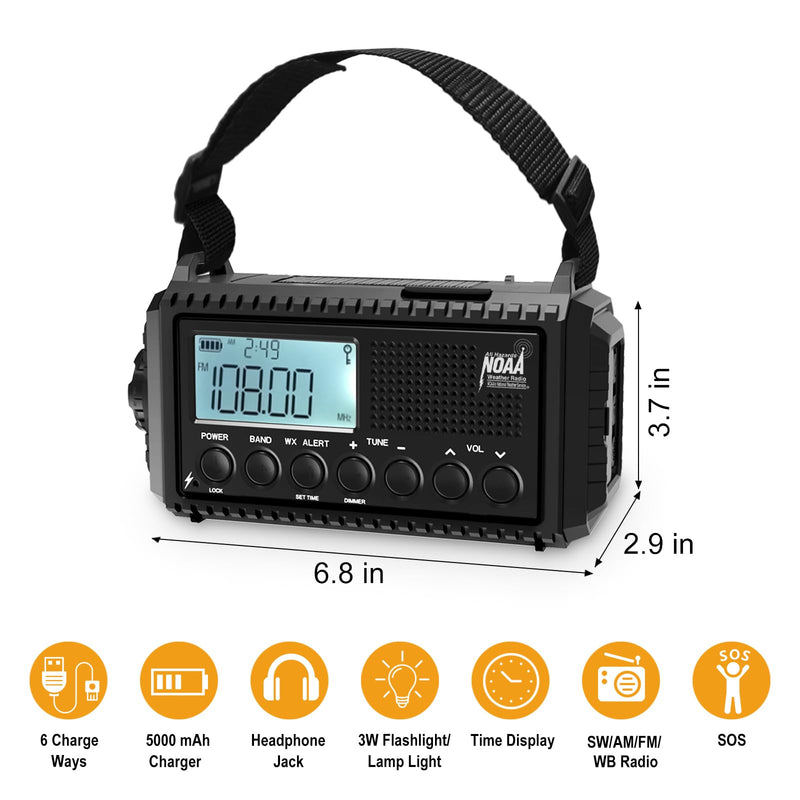 Raynic NOAA Weather Radio,5000mAh/18500mWh Solar Hand Crank Emergency Radio, Battery Powered Portable Radio with AM/FM/SW/NOAA, Cell Phone Charger, Type-C Charging, Flashlight and SOS Siren Black-LCD Display