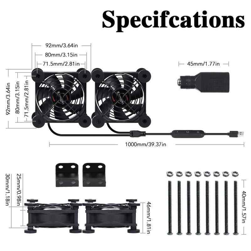 Dual 80mm Fan, 10 Speed USB 5V DC 12V IPX5 Waterproof Portable Cooling Fan for Tablet, TV, Receiver, Router, DVR, Xbox, Greenhouse, Kennel, Computer Cabinet, Component Coolin
