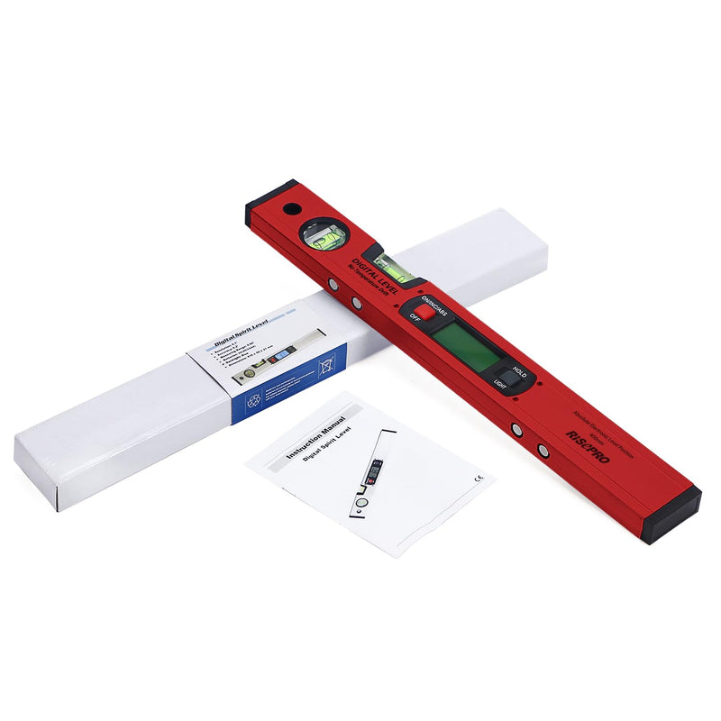 RISEPRO 42cm Digital Torpedo Level Inclinometer Angle Finder Gauge Spirit Level Magnetic Base Backlight Red