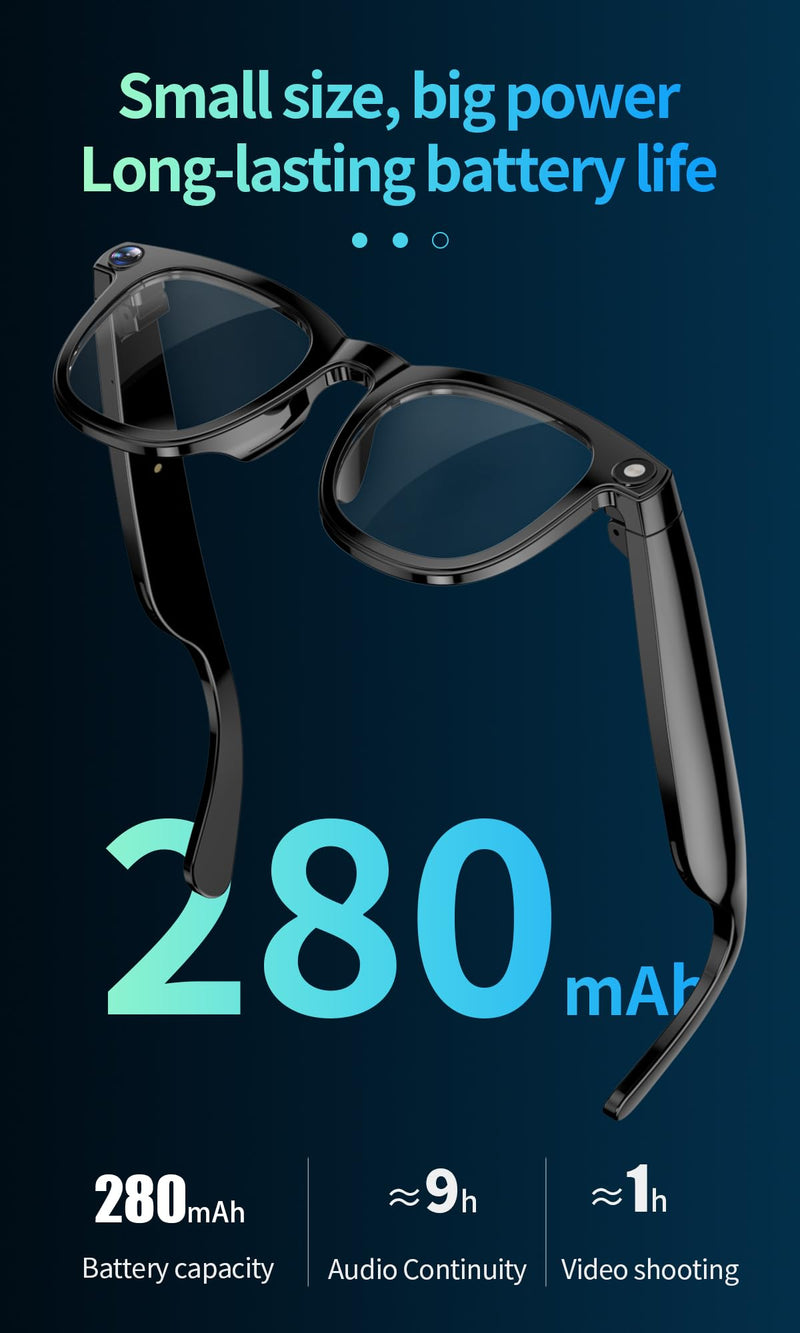 AI Smart Bluetooth Glasses with 8MP Camera for Men Women, Real-Time Translation, Black, Built-in AI Voice Assistant, Music Control, Photo Video Recording, Summer/Beach Essential