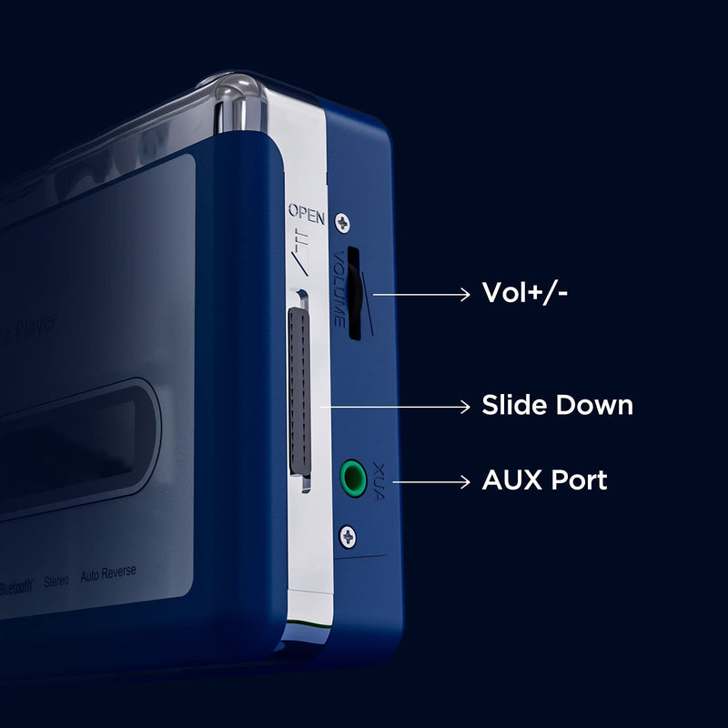Ezcap Bluetooth Cassette Player, Walkman Tape Player with 3.5mm Jack Headphone and Speaker, Auto Reverse Function, USB Power/AA Battery Power Blue
