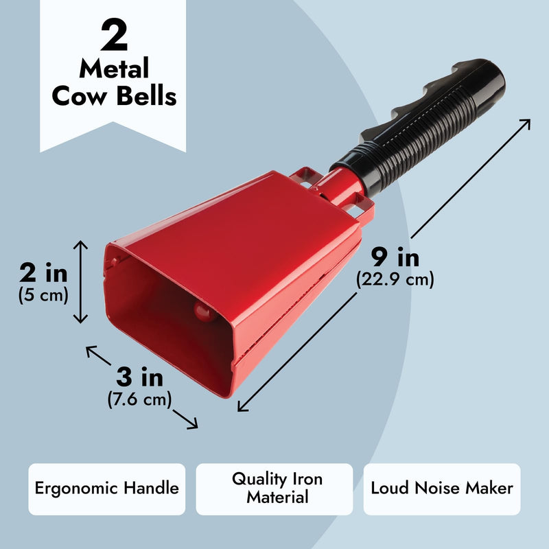 BLUE PANDA 2 Pack 9-inch Cowbells for Sporting Events, Percussion Noise Makers with Handle for Football Games, Stadiums (Red)