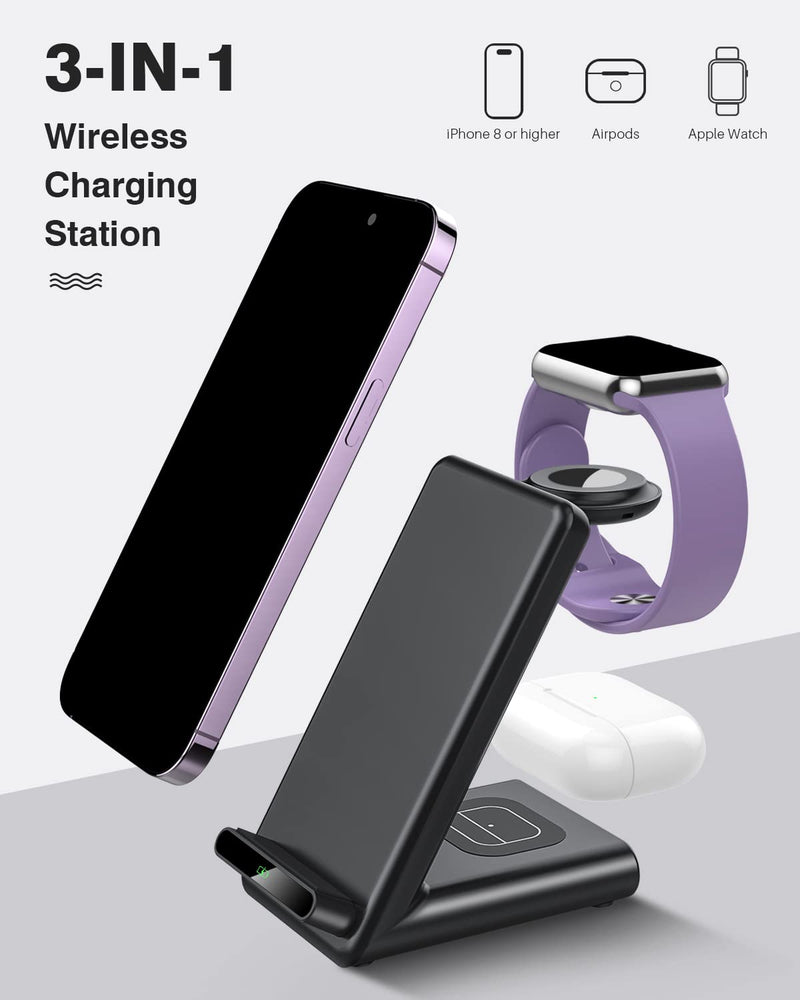 Wireless Charging Station,3 in 1 Wireless Charging Stand Made for Apple Watch Ultra 9 8 7 6 SE 5 4 3,Fast Wireless Charger Made for iPhone 15/Plus/Pro Max/14/13/12/11/X,for AirPods Pro(with Adapter) Black