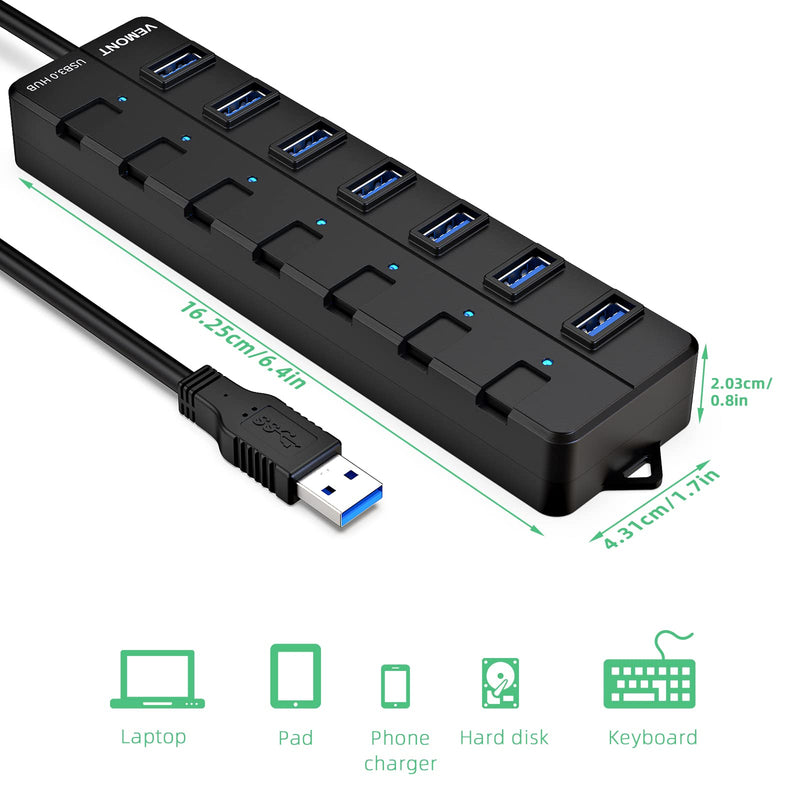 USB hub 3.0,7-Port USB Hub,VEMONT 3.0 USB Splitter with Individual On/Off Switches and Lights, 4ft/1.2m Long Cable USB Extension for Laptop and PC Computer 4ft Black
