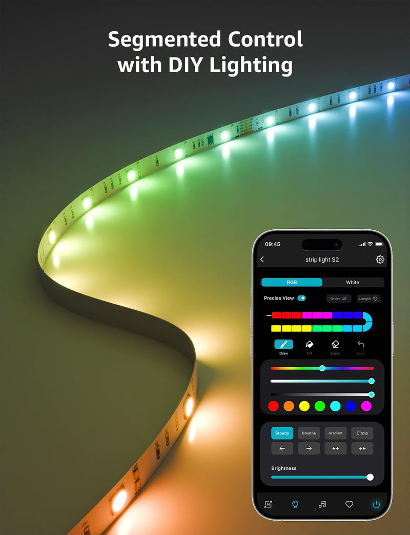 [AUSTRALIA] - Lepro S2 AI Smart LED Strip Lights - 16.4ft RGBCW Light Strips with 2700K-5700K Tunable Warm White, Color Segment DIY, Personalized Al Lighting Designer, APP Control(No Remote), 2.4G Wi-Fi & Bluetooth 