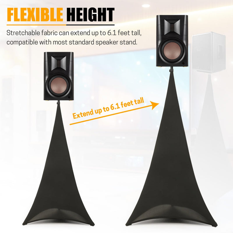 2 Pcs Speaker Stand Cover 360 Degree Black Speaker Skirt Cover DJ Tripod Stretchable Scrim with Storage Bag for Stage Gig Party Wedding Banquet